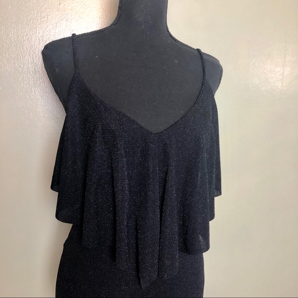 Black Tank Top Bodysuit with v neck ruffle